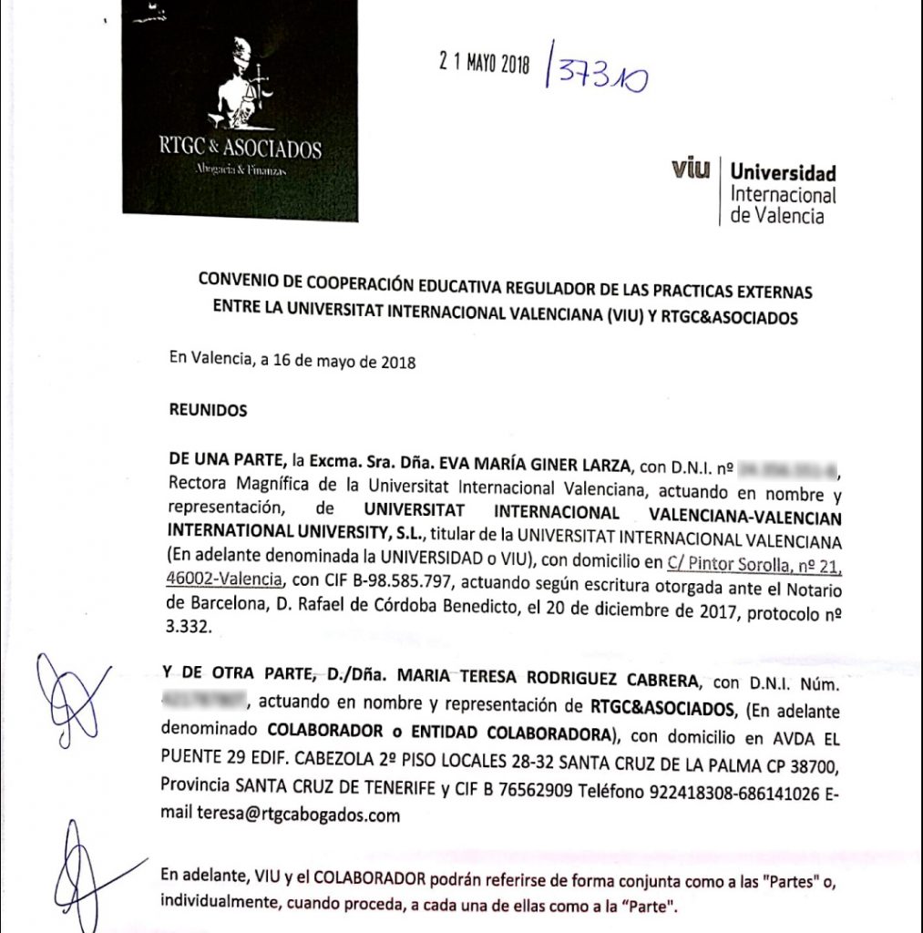 Convenio de cooperación educativa regulador de las prácticas externas entre La Universitat  internacional Valenciana (VIU) y RTGC & ASOCIADOS.